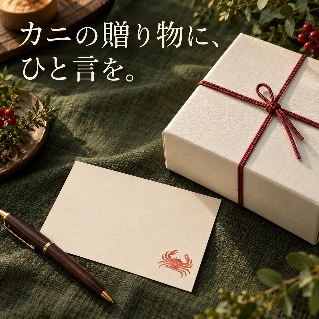 カニの贈り物の箱と、小さなカードとペンを深緑の布に置いたイメージ