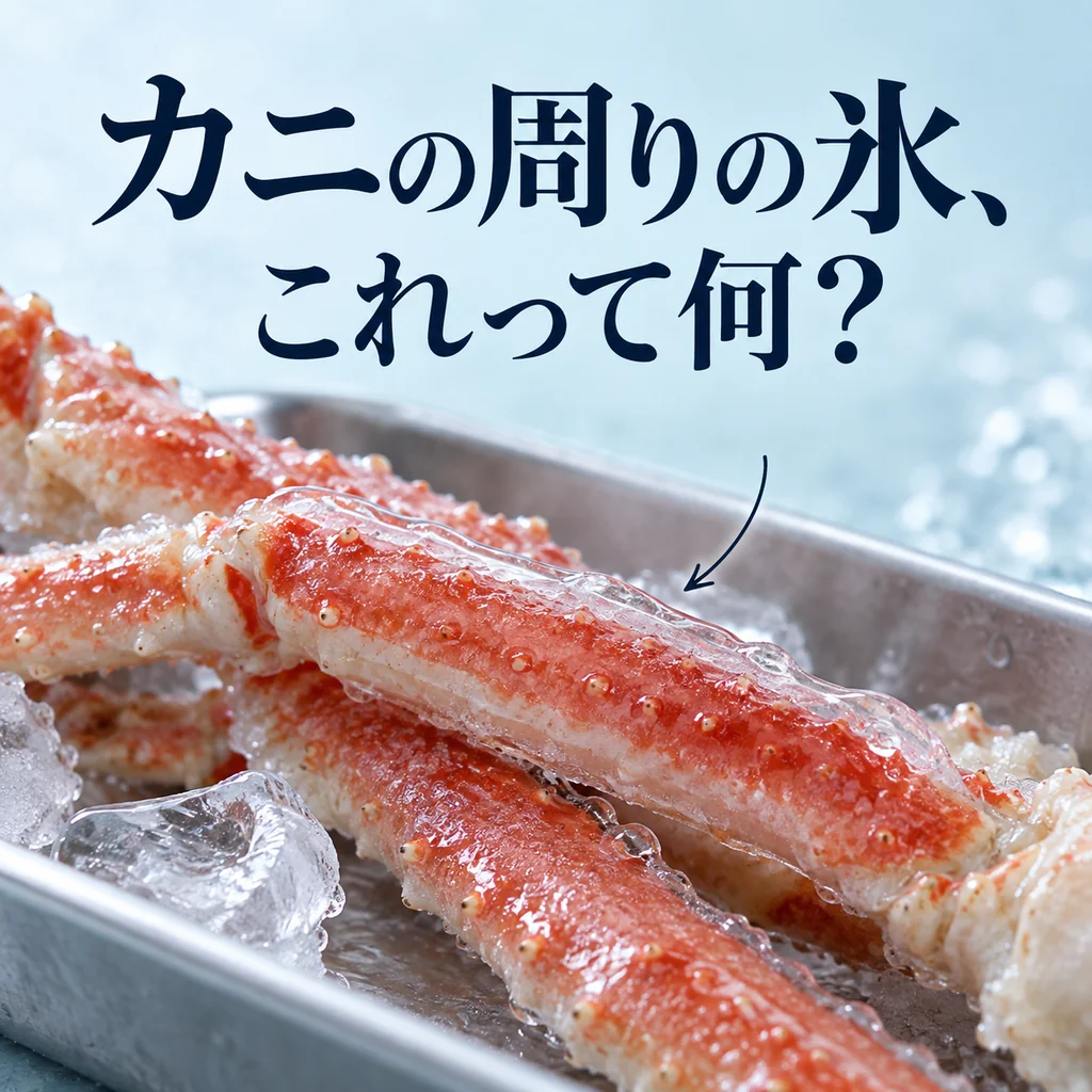 ステンレスのトレーに置いた、透明な氷の膜に包まれたカニ脚のイメージ
