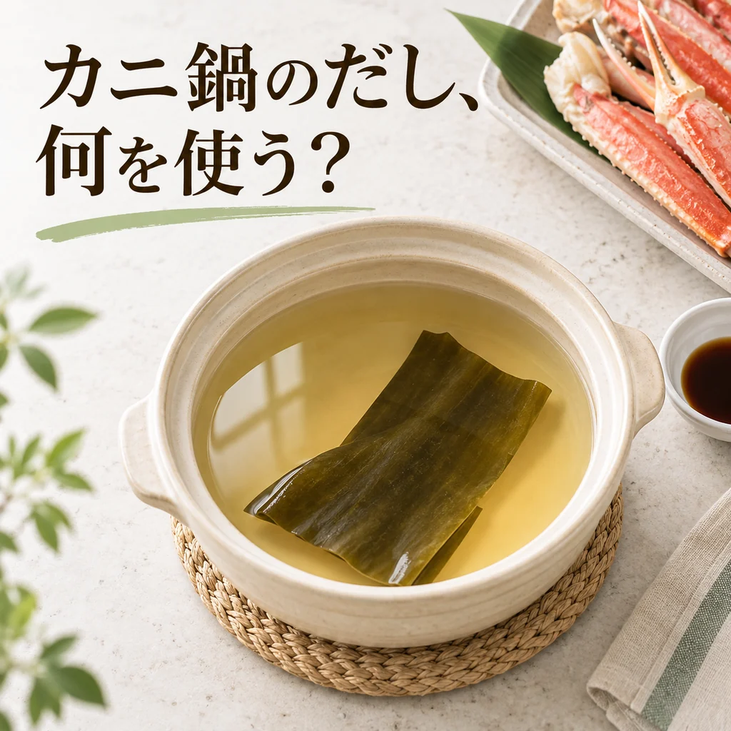 昆布だし、白だし、ストレート鍋つゆからカニ鍋のだしを選ぶイメージ