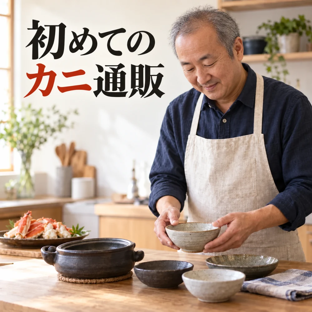 「初めてのカニ通販」の見出しと、60代ほどの男性が台所で器を並べるイメージ。