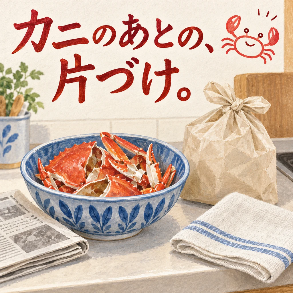 食後のカニの殻を紙と袋でまとめ、食卓を片づけるイメージ