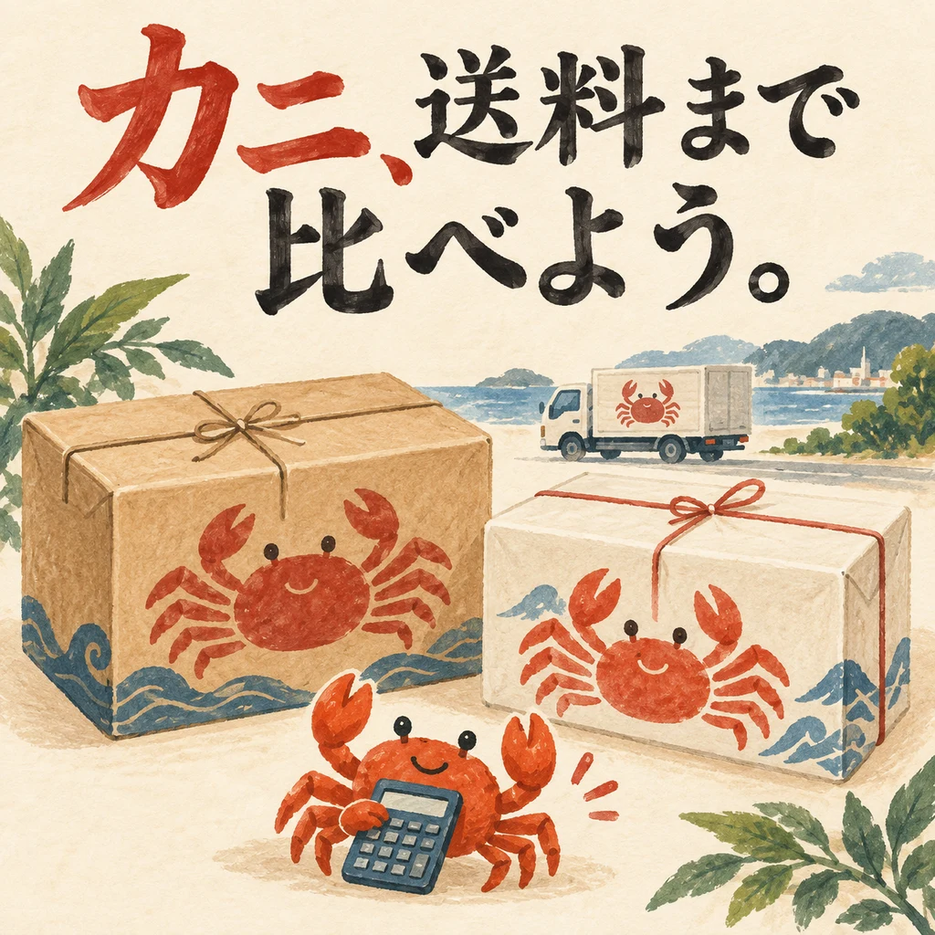 「カニ、送料まで比べよう。」の見出しと、配送箱・トラック・電卓を持つカニを描いたイラスト。