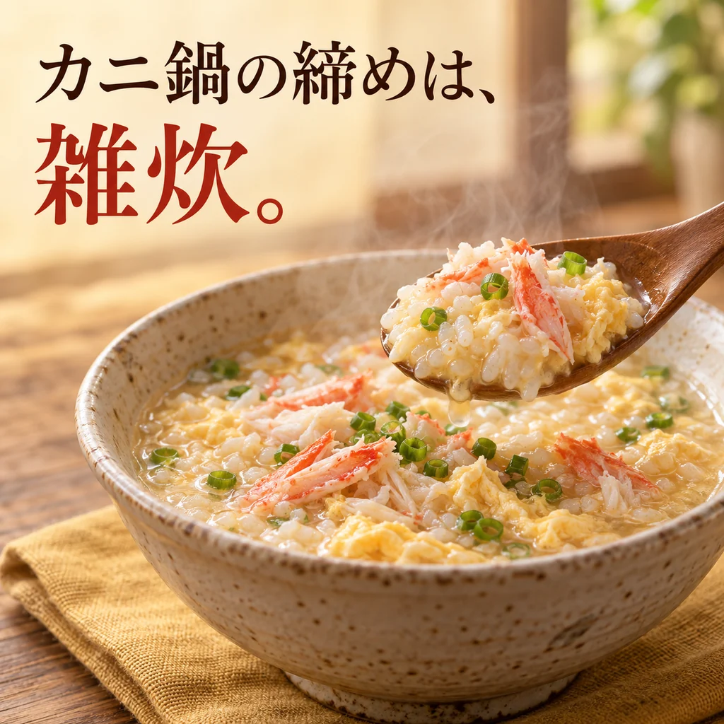 卵とカニの雑炊を器に盛り、木のスプーンですくった食卓のイメージ