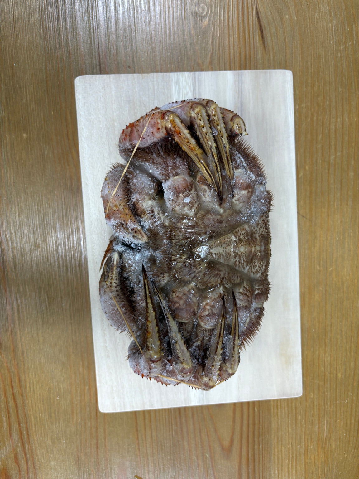 甲羅を下、腹を上にしてトレーへ載せた冷凍状態の毛ガニ