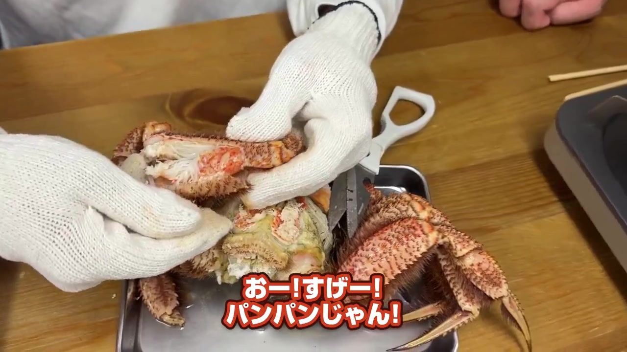 キッチンばさみで開いた毛ガニの脚に詰まった白い身