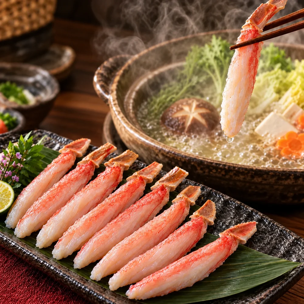 持ち手の殻を残した細長いズワイガニの脚肉と、かにしゃぶの調理イメージ。