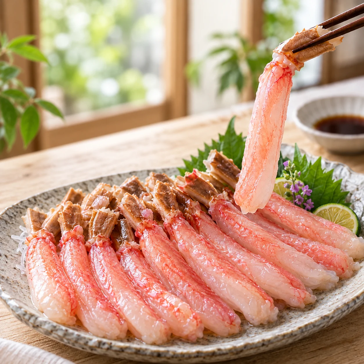 持ち手の殻が付いた生ズワイ脚肉むき身の盛り付けイメージ