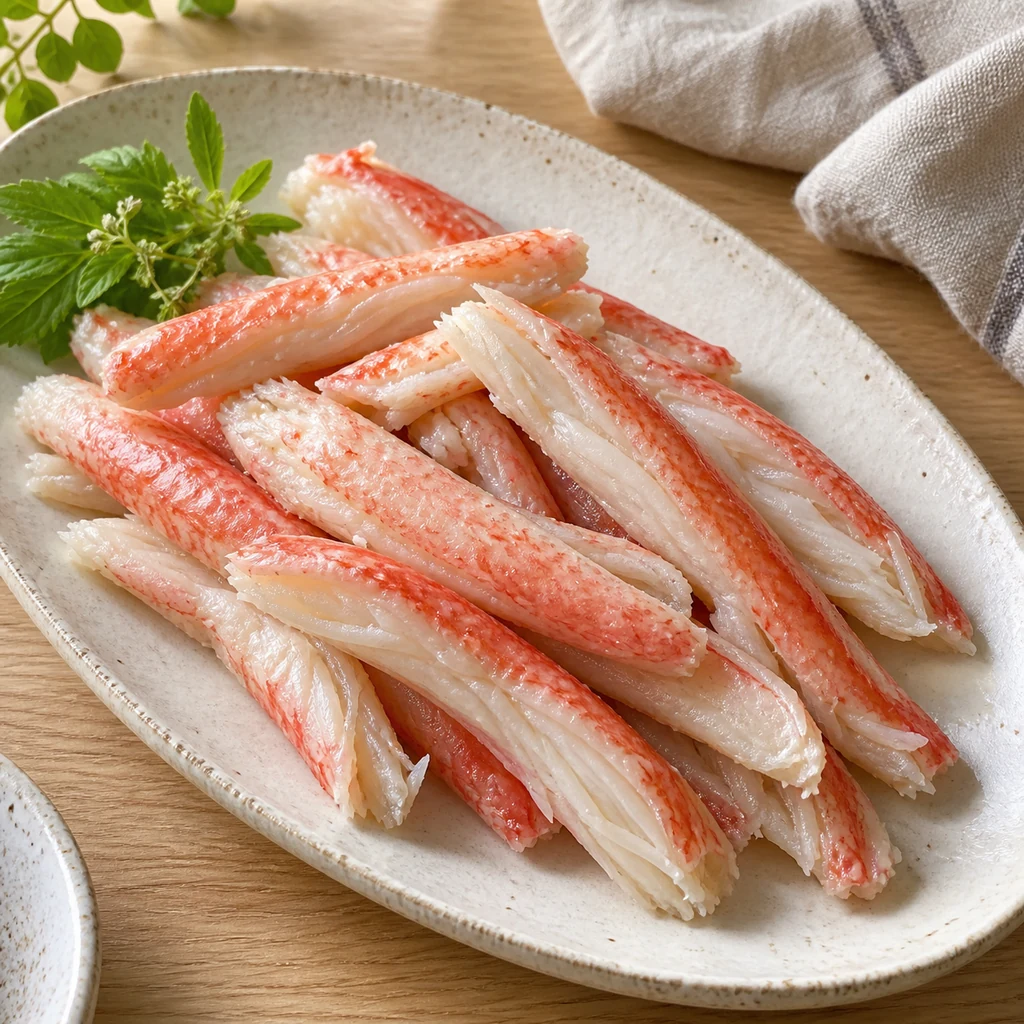 殻をむいた香住ガニの脚肉を白い皿に盛ったイメージ。